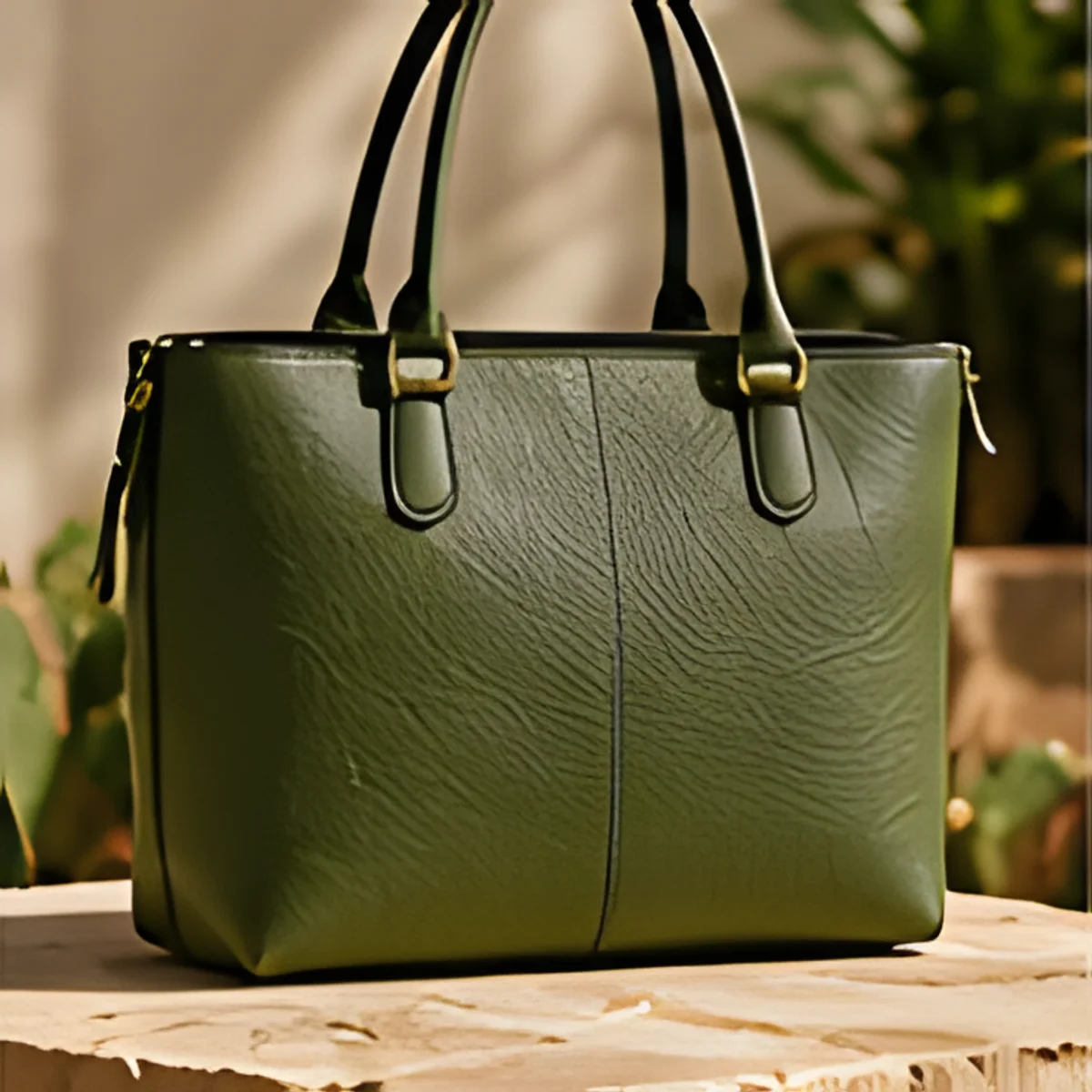 Cactus Leather Tote in Olive Green, front view
