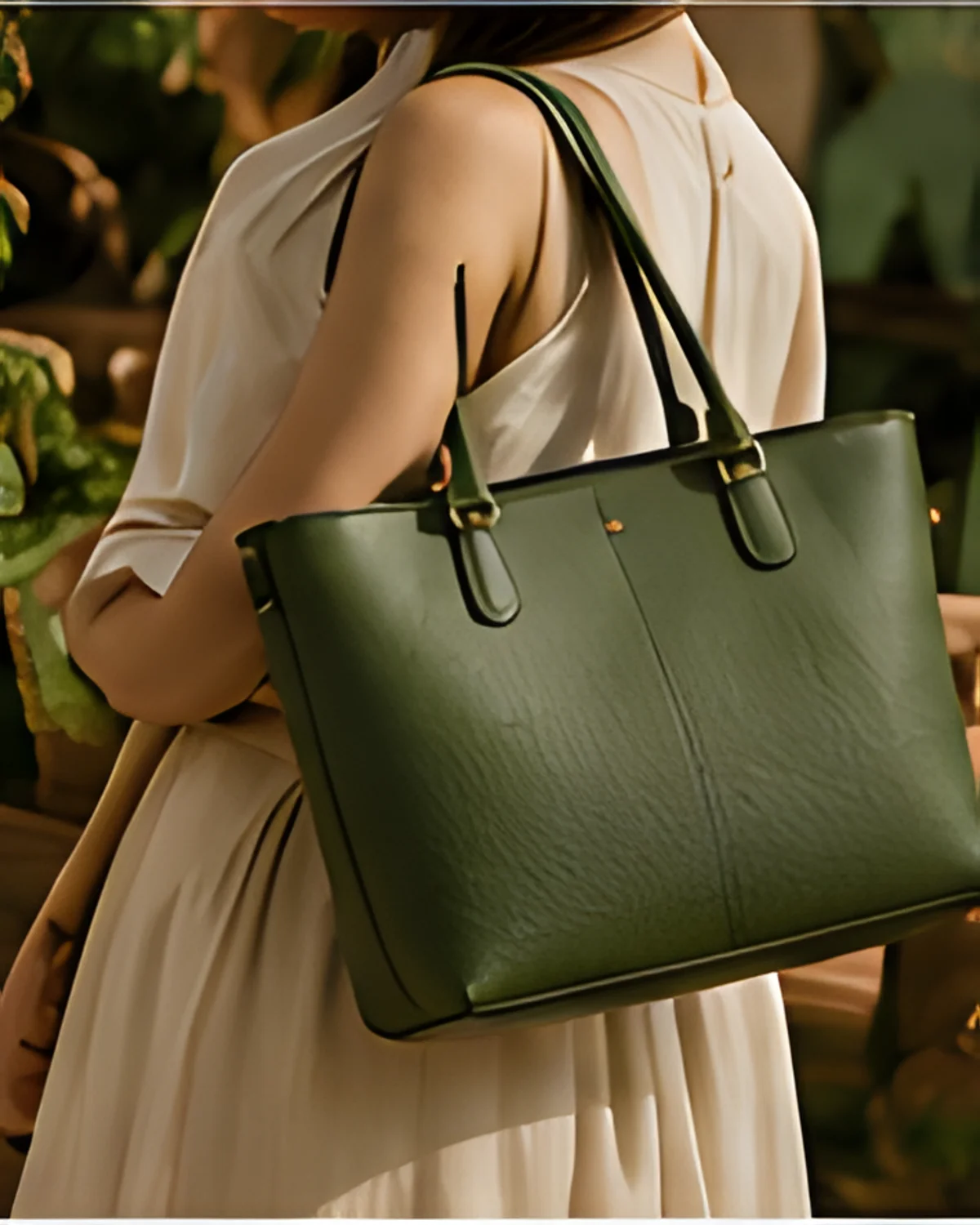 Cactus Leather Tote in Olive Green, styled in warm natural light