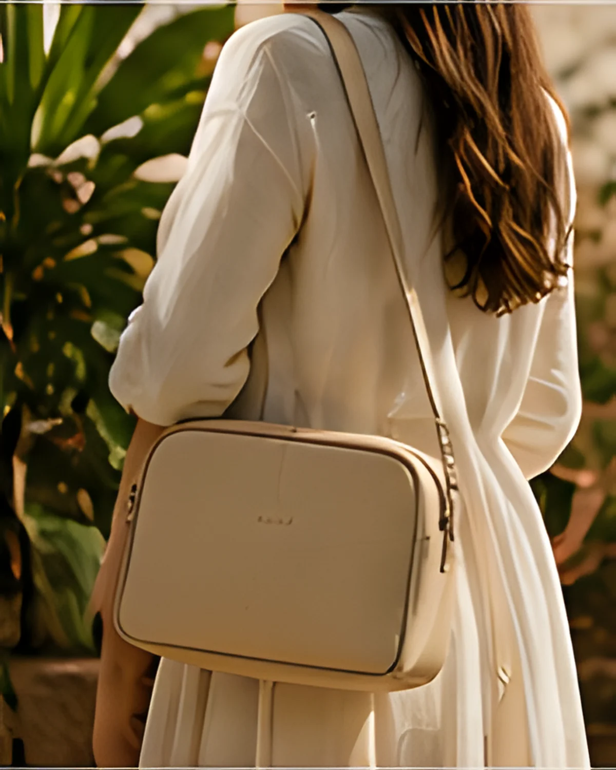Crossbody Bag in Beige, styled in warm natural light
