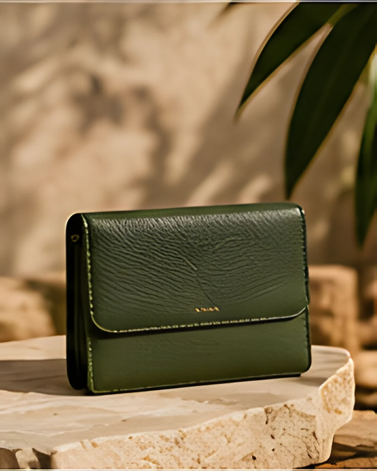 Minimal Wallet in Olive Green, styled in warm natural light