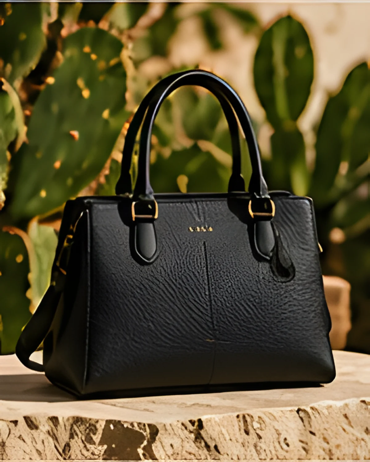 Structured Handbag in Black, styled in warm natural light