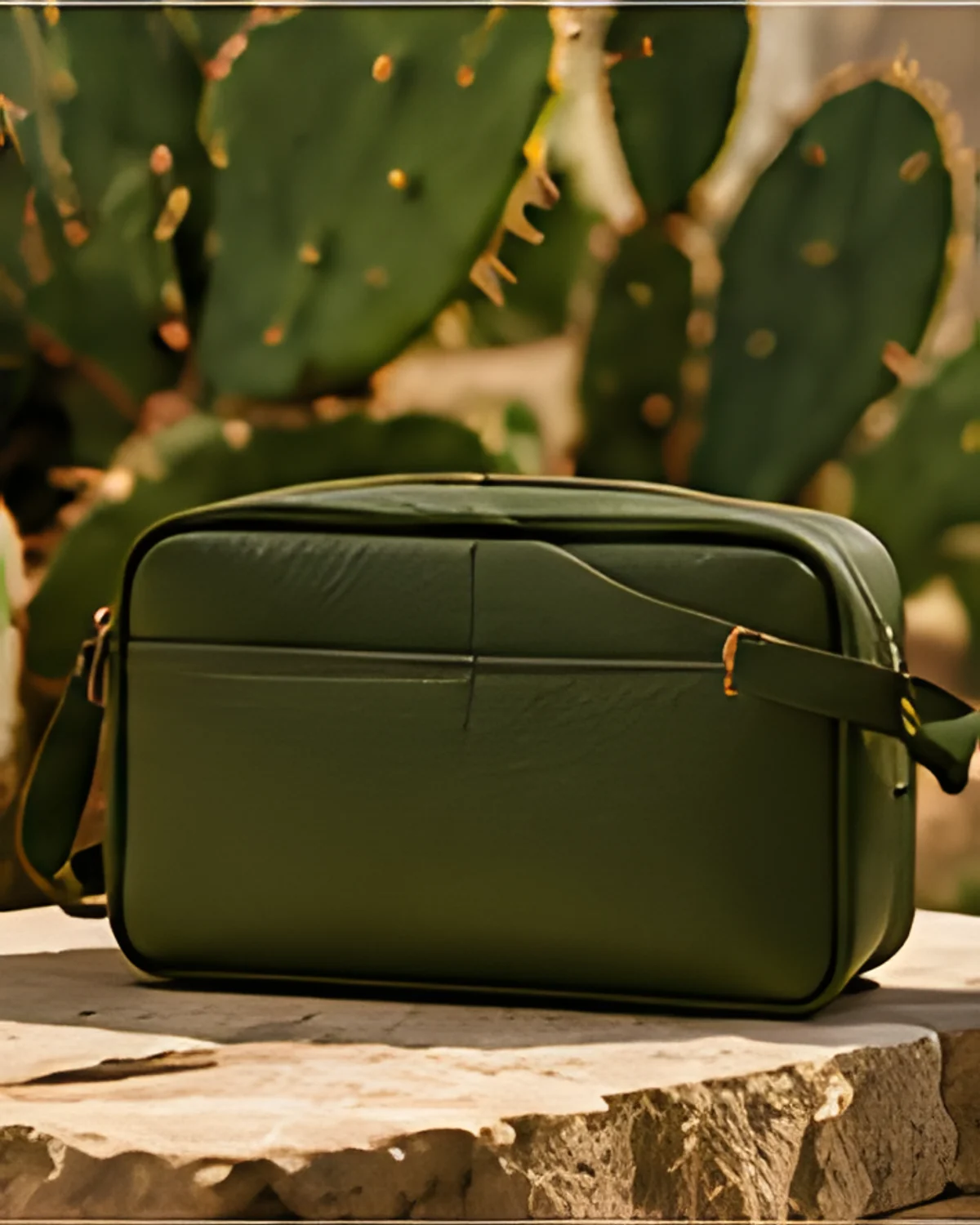Travel Pouch in Olive Green, styled in warm natural light